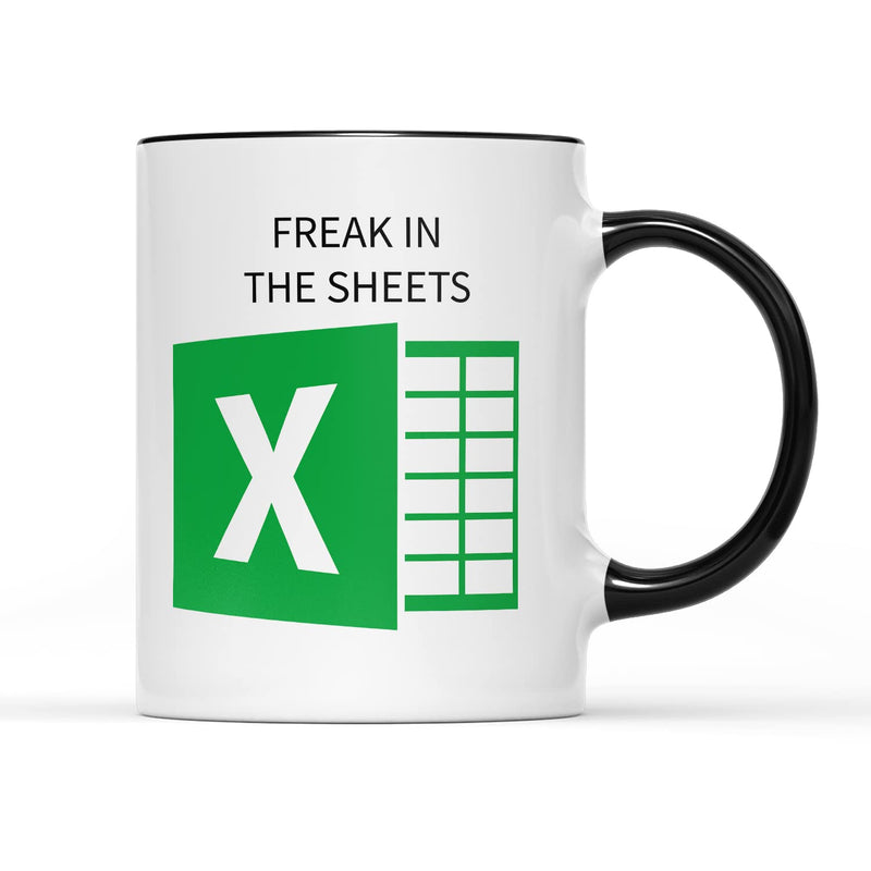 SMARTYPANTS Freak in The Sheets Black Handle Mug Tea Coffee Cup - Funny Joke Pun Humour Excel Spreadsheet Computer Geek Nerd IT Kitchen Décor Gifts Presents (Black Handle)