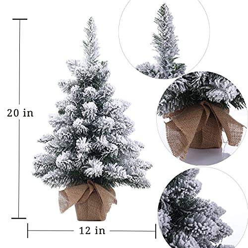 Pre-Lit Artificial Mini Christmas Tree with LED Lights,20 Inch Snow Flocked Pine Xmas Tree,70 Branch Tips,Desktop Tabletop Christmas Tree Burlap Base-(50cm) - Gift Guide