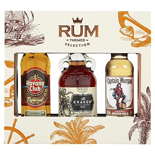 Rum Trio Gift Set (3x5cl). Contains CAPTAIN MORGAN ORIGINAL SPICED GOLD Alc - 35% Vol, THE KRAKEN BLACK SPICED RUM Alc – 40% Vol. HAVANA CLUB ANEJO ESPECIAL RUM Alc – 40% Vol.