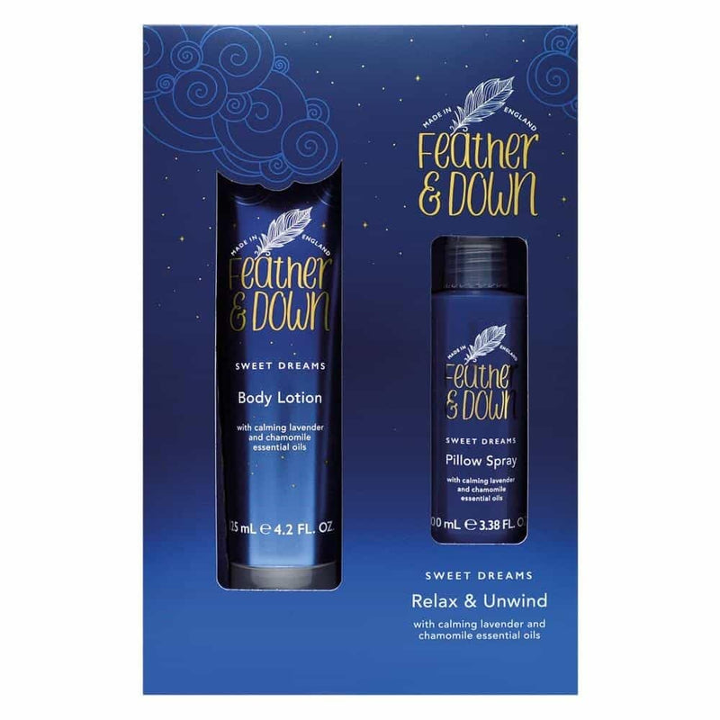 Feather & Down Sweet Dream Relax and Unwind Gift Set (100ml Pillow Spray & 125ml Body Lotion) - With Calming Lavender & Chamomile Essential Oils.