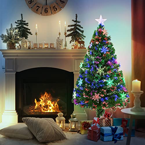 HOMCOM 4FT Green Fibre Optic Artificial Christmas Tree Xmas Colourful LED Scattered Tree with Snowflakes Ornaments Fireproofing - Gift Guide