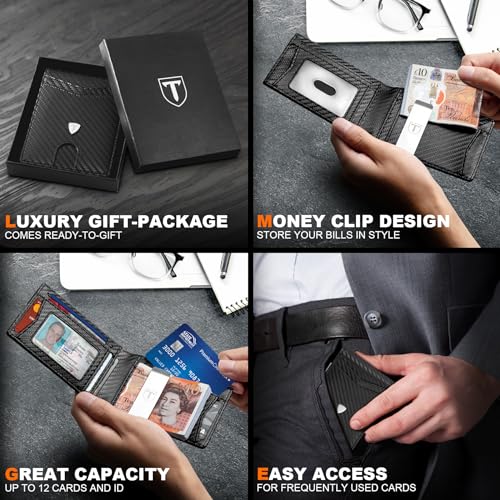 TEEHON Mens Wallets Slim RFID Blocking Carbon Fiber Leather Wallets Mens with up to 12 Credit Card Holder, Strong Money Clip & ID Window Minimalist Bi-Fold Wallets for Men UK with Gift Box - Black - Gift Guide