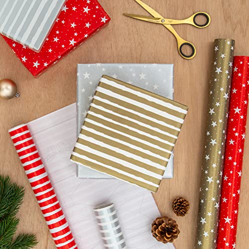 Hallmark Christmas Wrapping Paper, Pack of 6 Gift Wrap, 3M Each, 2 Festive Designs, Stars, Stripes, Red, Gold, Silver - Gift Guide
