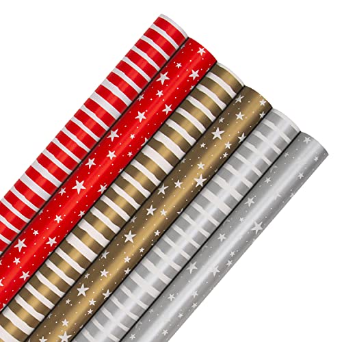 Hallmark Christmas Wrapping Paper, Pack of 6 Gift Wrap, 3M Each, 2 Festive Designs, Stars, Stripes, Red, Gold, Silver - Gift Guide
