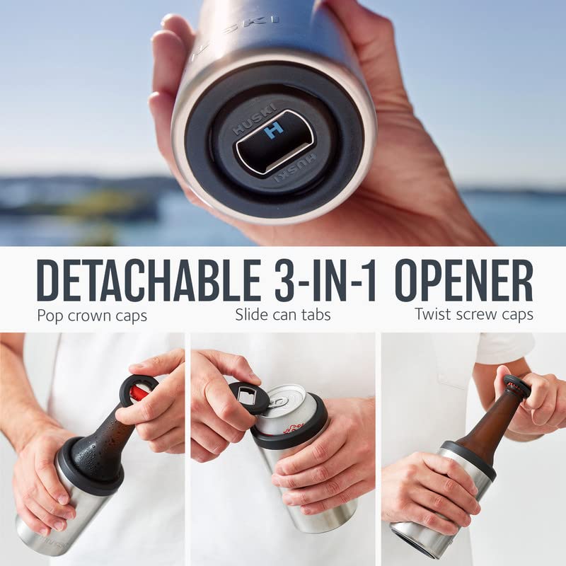 Huski Beer Cooler 2.0 | New | Premium Can and Bottle Holder | Triple Insulated Marine Grade Stainless Steel | Detachable 3-in-1 Opener | Works as a Tumbler | Best Gifts for Beer Lovers (Stainless) - Gift Guide