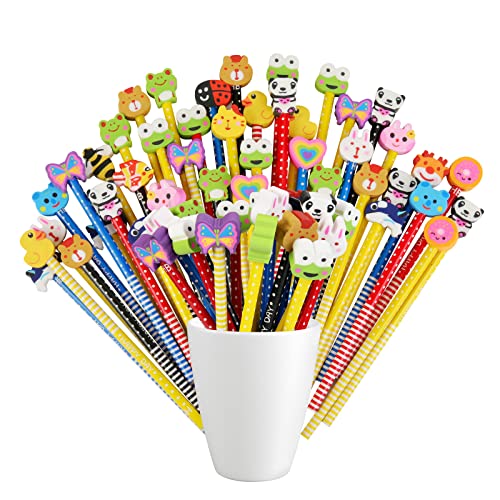 Annhao 50 Pcs Wooden graphite pencils set, Random cartoon Animal Erasers Pencils set, Pencil Gifts for kids children, party bag fillers birthday for boys girls (Color/Style Random) - Gift Guide