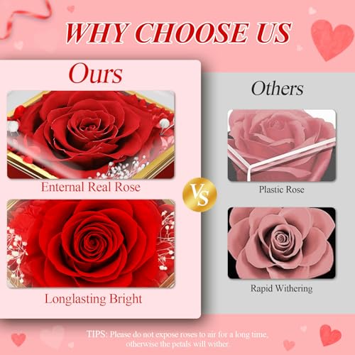 Hnustbo Rose Gifts for Women, Mum, Girlfriend, Wife, Eternal Flowers Preserved Real Rose with I Love You Necklace, for her on Birthday, Anniversary, Valentine's Day, Mother's Day, Christmas