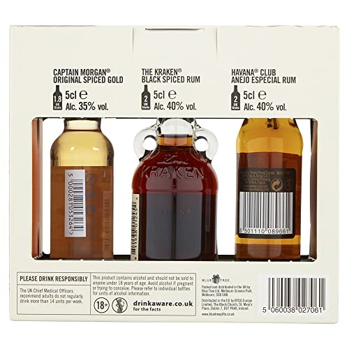 Rum Trio Gift Set (3x5cl). Contains CAPTAIN MORGAN ORIGINAL SPICED GOLD Alc - 35% Vol, THE KRAKEN BLACK SPICED RUM Alc – 40% Vol. HAVANA CLUB ANEJO ESPECIAL RUM Alc – 40% Vol.