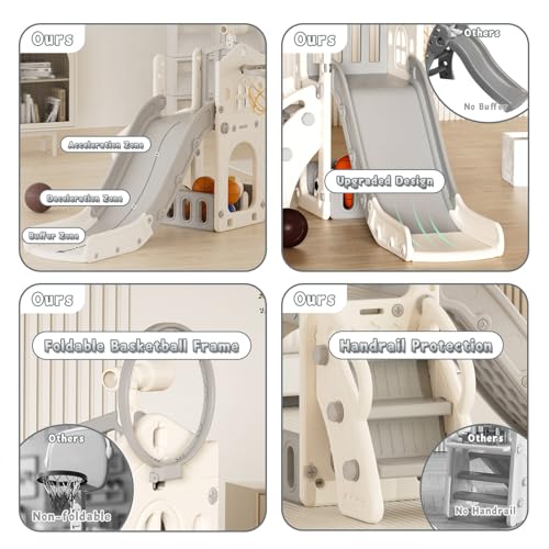 KORIMEFA 4-in-1 Kids Slide Toddler Climber Slide Set with Basketball Hoop, Storage Box and Telescope, Indoor Outdoor Freestanding Slider Garden Slide Playground for Toddlers Ages 18-36 Months