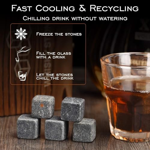 Bestyks Whiskey Glasses Set With 8 Whiskey Stones, 2 Whisky Glasses, Tongs in Handmade Wooden Box - Whiskey Gifts Set - Whiskey Accessories Set - Creative Birthday Gift for Dad, Husband, Men,Boyfriend - Gift Guide