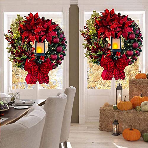 16 Inch Christmas Wreath, Christmas Door Wreath with Lantern Baubles Berries Bows, Artificial Christmas Garland for Front Door Holiday Festival Indoor Outdoor Xmas Decorations (Red) - Gift Guide