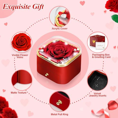 Hnustbo Rose Gifts for Women, Mum, Girlfriend, Wife, Eternal Flowers Preserved Real Rose with I Love You Necklace, for her on Birthday, Anniversary, Valentine's Day, Mother's Day, Christmas