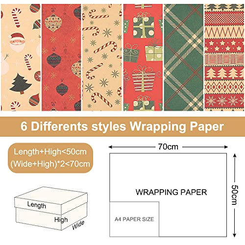 Christmas Wrapping Paper, 10Pcs Recycled Kraft Paper 70x50CM with 6 Vintage Designs (1 Gift Sticker, 1 Double-Side Tape, 2 String) for Gift Boxes Festival Decoration Mens Girls Boys - Gift Guide