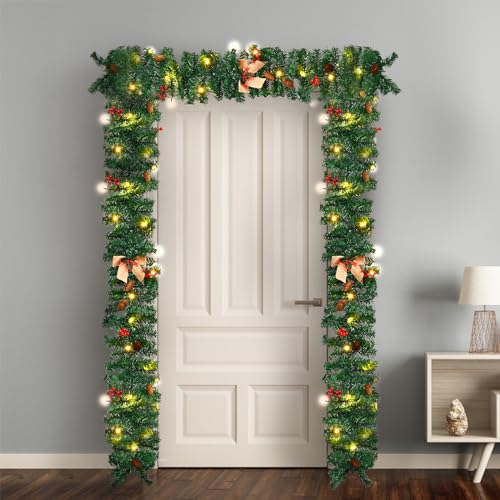 1.8M/6FT Christmas Garland with Lights, Pre Lit Christmas Garlands for Fireplace Stairs Artificial Wreath with 50 LED Lights and Bow Pine Cones Berries for Xmas Tree Front Door Home Holiday Decor - Gift Guide