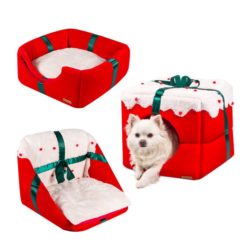 allpetsolutions Christmas Dog Bed | 3-in-1 Foldable Dog/Cat Cave Bed | Xmas Gift For Pets | Soft Cave Red Dog Puppy Bed with Reversible Cushion - 38x38x38cm - Gift Guide