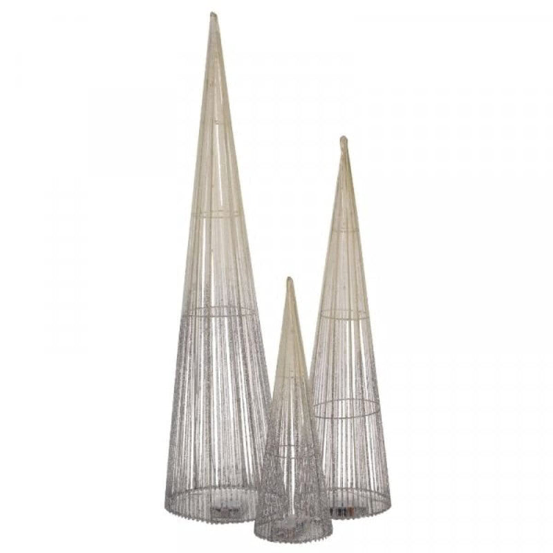 Marco Paul Christmas Set of 3 Silver Light Up Cone Trees Festive LED Christmas Decorations Pre-Lit Xmas Tree Set Indoor Ornamental Pyramid Metal Ornaments Home Decor Wire Warm White LED Lighting - Gift Guide