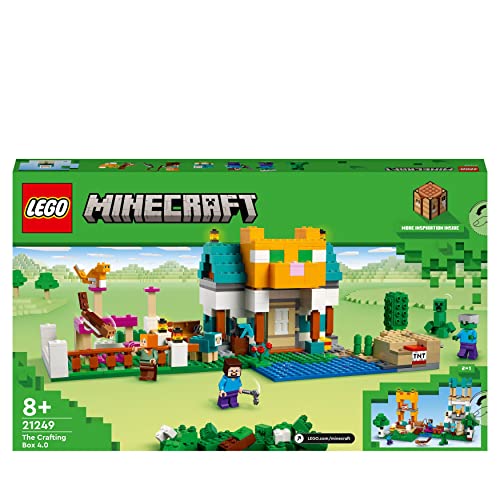 LEGO 21249 Minecraft The Crafting Box 4.0, 2in1 Playset; Build River Towers or Cat Cottage, with Alex, Steve, Creeper and Zombie Mobs Figures, Action Toys for Kids, Boys, Girls