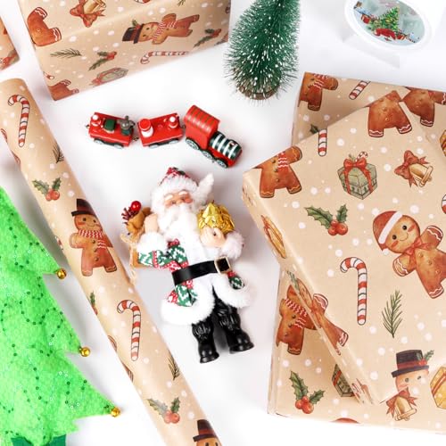 ZALAON Christmas Wrapping Paper Roll, 43CM x 10M Gingerbread Man Wrapping Paper Presents Wrapping Kraft Paper for Gift Boxes Festival Decoration - Gift Guide