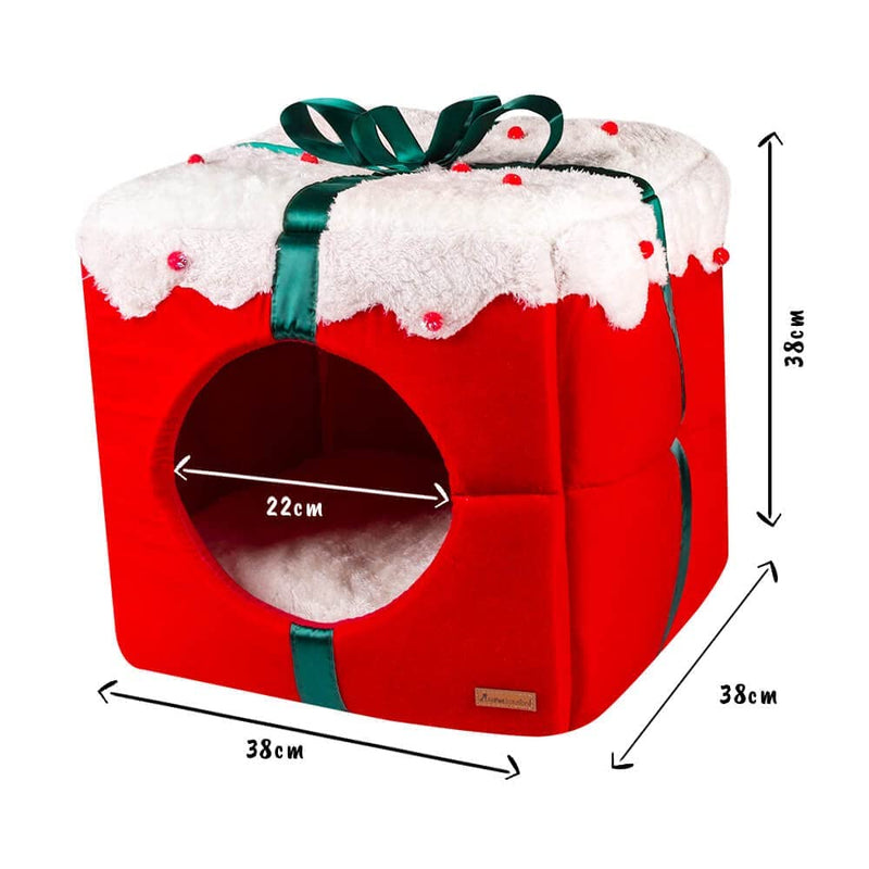 allpetsolutions Christmas Dog Bed | 3-in-1 Foldable Dog/Cat Cave Bed | Xmas Gift For Pets | Soft Cave Red Dog Puppy Bed with Reversible Cushion - 38x38x38cm - Gift Guide