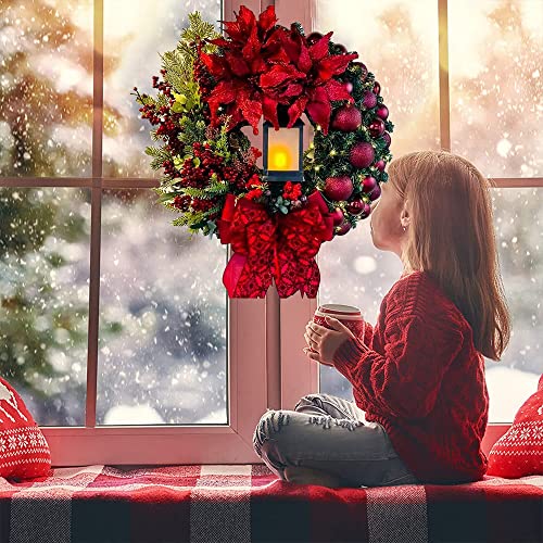 16 Inch Christmas Wreath, Christmas Door Wreath with Lantern Baubles Berries Bows, Artificial Christmas Garland for Front Door Holiday Festival Indoor Outdoor Xmas Decorations (Red) - Gift Guide