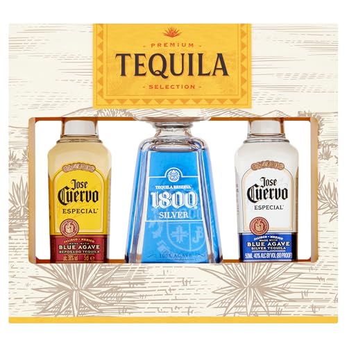 Tequila Selection Trio Gift Set. 3 x 5cl bottles, including 1800 Silver and Jose Cuervo Especial. Premium Tequila Gift Pack for Christmas and Birthdays