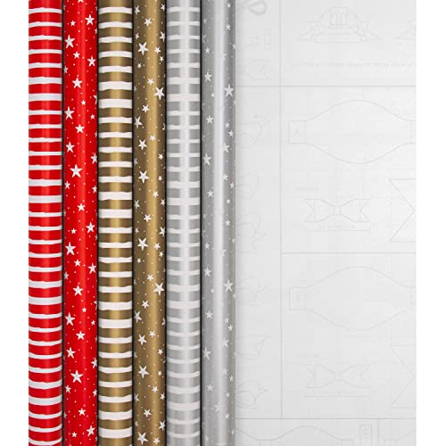 Hallmark Christmas Wrapping Paper, Pack of 6 Gift Wrap, 3M Each, 2 Festive Designs, Stars, Stripes, Red, Gold, Silver - Gift Guide