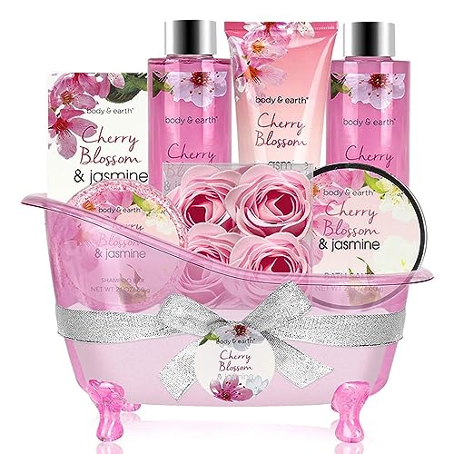 BODY & EARTH Gifts for Women, 8pcs Pamper Gifts for Women with Cherry Blossom&Jasmine, Includes Bubble Bath, Soap, Birthday Gifts for Women, Mothers Day Gifts, Spa Bath Gift Sets for Women