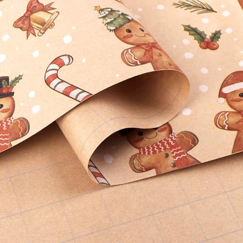 ZALAON Christmas Wrapping Paper Roll, 43CM x 10M Gingerbread Man Wrapping Paper Presents Wrapping Kraft Paper for Gift Boxes Festival Decoration - Gift Guide