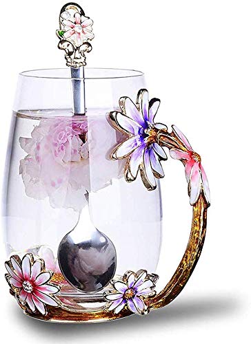 Luka Tech Handmade Enamel Butterfly flower Glass Coffee Mugs Tea Cup with Spoon,Birthday Christmas Gifts for Her Women Mum Friends Teacher valentines Mothers Day - Gift Guide