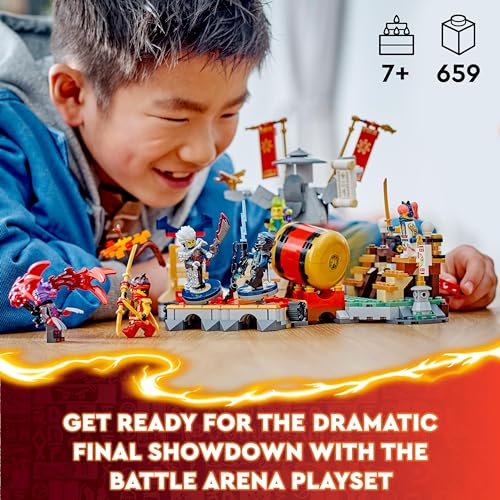 LEGO NINJAGO Tournament Battle Arena Set, Ninja Adventure Toys for 7 Plus Year Old Boys & Girls, with 6 Minifigures including Characters Jay and Kai, Dragons Rising Birthday Gift for Kids 71818