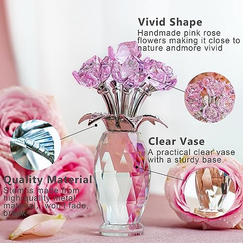 H&D HYALINE & DORA Crystal Rose Flower Figurine,Glass Rose Flowers Gifts for Women,Pink Rose Flower Collectible for Home Table Decor Valentines Day Gifts For Her(Gift Boxed)