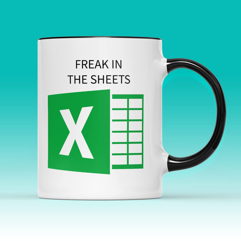 SMARTYPANTS Freak in The Sheets Black Handle Mug Tea Coffee Cup - Funny Joke Pun Humour Excel Spreadsheet Computer Geek Nerd IT Kitchen Décor Gifts Presents (Black Handle)