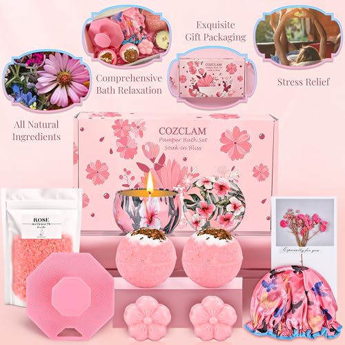 COZCLAM Pamper Gifts for Women, Spa Bath Sets for Women, Relaxation Gifts for Her, Birthday Gifts for Women, Mum Birthday Gifts, Best Friend Gifts, Womens Gifts for Birthday, Bath Bombs & Candle