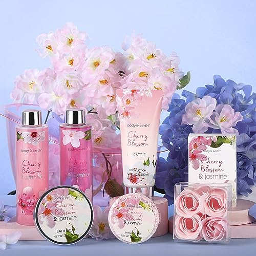 BODY & EARTH Gifts for Women, 8pcs Pamper Gifts for Women with Cherry Blossom&Jasmine, Includes Bubble Bath, Soap, Birthday Gifts for Women, Mothers Day Gifts, Spa Bath Gift Sets for Women