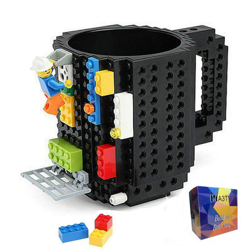 Build-On Brick Coffee Mug, Funny Cup with DIY Creative Building Blocks Xmas Present, Novelty Christmas Santa Birthday Gifts for Kids Women Men with 3 Bags Accessories (Black)