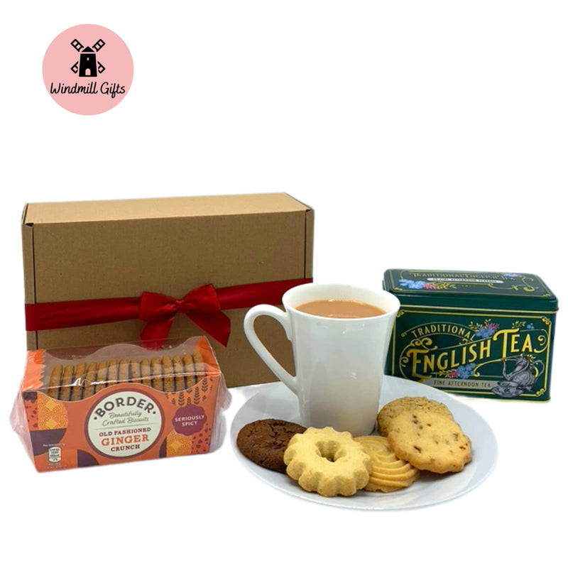 Border Biscuits Gift Set Afternoon Tea Hamper with Border Ginger Crunch 135g, English Afternoon Teabags in a Luxury Tin (40 Teabags) and x10 Border Biscuits - The Perfect Tea and Biscuits Gift Set - Gift Guide