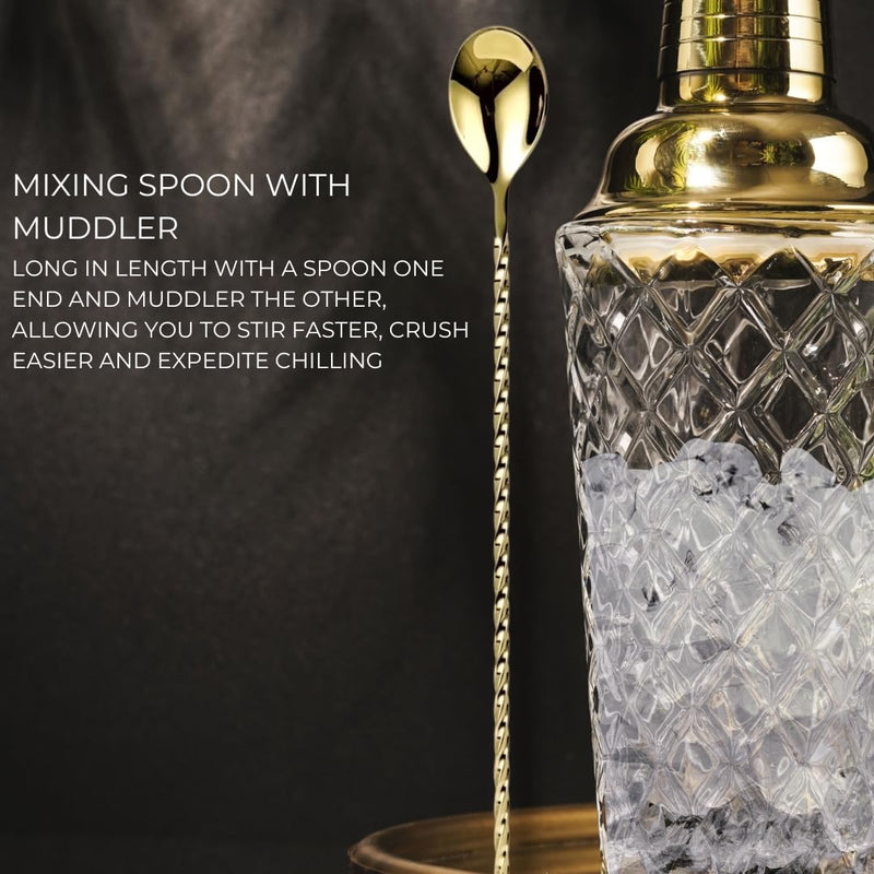 Gold Cocktail Shaker Set - Glass Cocktail Shaker Set - Matching Measuring Jigger and Bar Spoon with Muddler - Gold Drink Shaker with Strainer - 5 pcs - Luxury Gift Box (Gold)