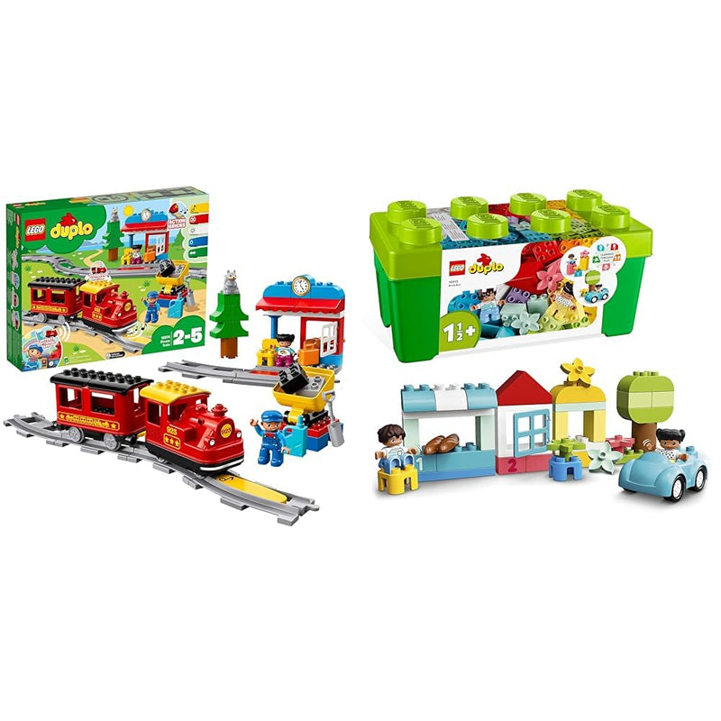 LEGO 10874 DUPLO Town Steam Train, Toys for Toddlers, Boys and Girls Age 2-5 Years Old & 10913 DUPLO Classic Brick Box Building Set with Storage, Toy Car, Number Bricks and More