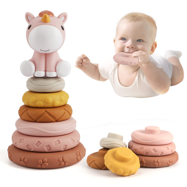 Edulike 7 Pcs Stacking & Nesting Baby Toys, Squeeze Teething Baby Toys and Building Circle with Horse Figure, Early Educational Christmas Toy Gifts for 6 Months Baby Toddler Girls (Classic Edition) - Gift Guide