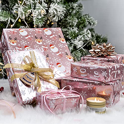 Holijolly Christmas Wrapping Paper Roll, Pink Metallic Foil Shine Paper - Snowflakes/Santa Claus/ "HO" Print for Gift Wrap, Arts Crafts -43 x 305cm x 3 Rolls - Gift Guide