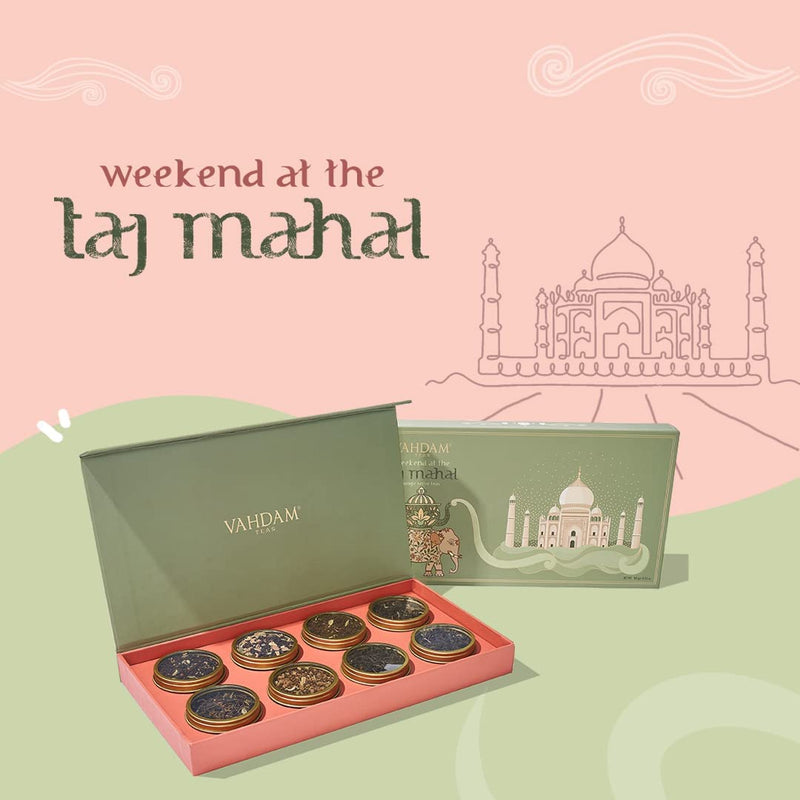 VAHDAM, Weekend In Taj Mahal Tea Gift Set (100g/50+ Cups) Travel Edition Gift Box | 8 Varieties - Chai Tea, Black Tea, Herbal Tea | Gluten Free, Non GMO | Gifts for Women & Men, Gifts for Her/Him - Gift Guide