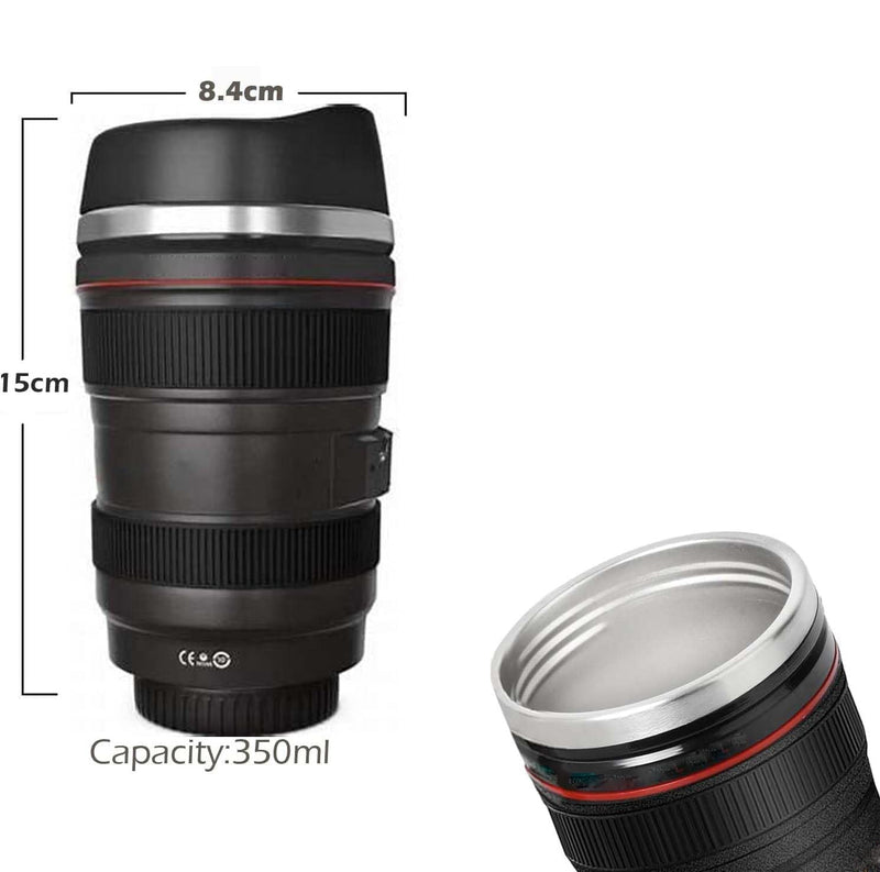 Coffee Mug, Funny Camera Lens Mug, Travel Coffee Cup with Lid, Insulated Tumbler for Hot Ice Coffee Cola Milk Tea | Ideal Gifts for Photographers Sweeties Men Women Birthday Xmas (350ml, Black)