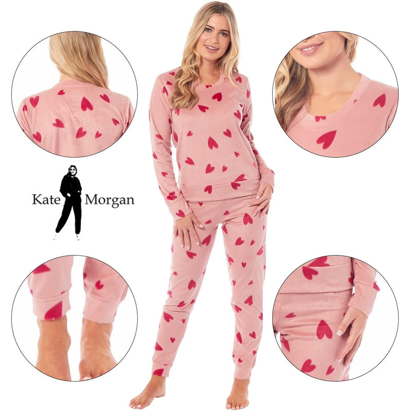 KATE MORGAN Womens Pyjamas Warm Fleece Pyjamas for Women Sets Pjs S-XL | Soft Twosie Pyjama Set for Ladies Gifts for Her PINK HEART S - Gift Guide