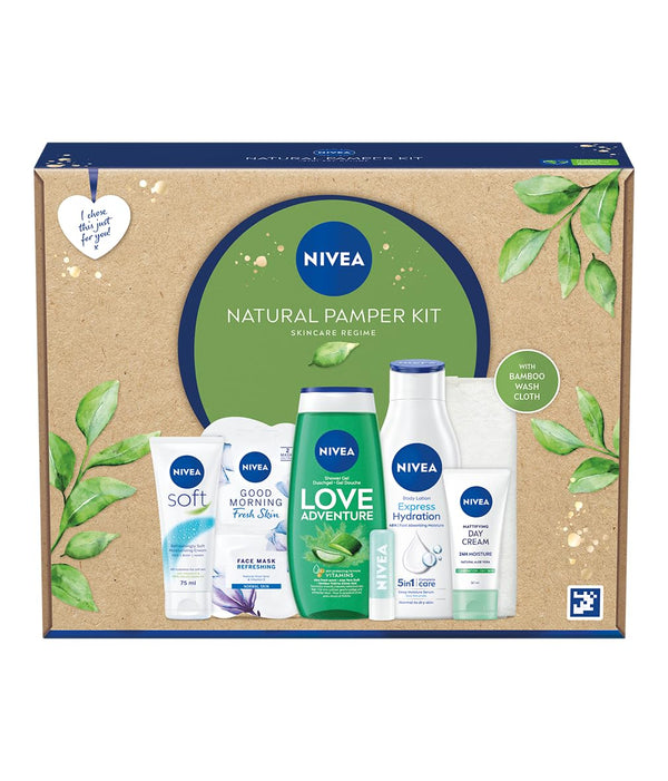 NIVEA Natural Pamper Kit Skincare Regime Gift Set, Women's Gift Set Includes Shower Gel, Day Cream, Face Mask, Body Lotion, Lip Scrub, Moisturiser and Face Cloth