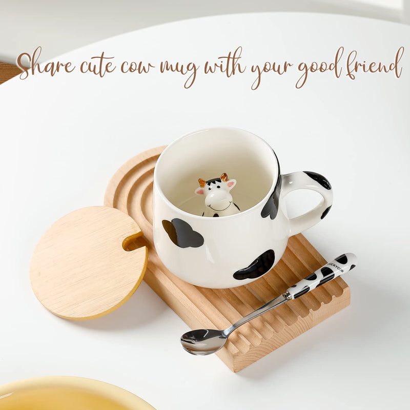 Gifts for Women Cute Cow Coffee Mug Tea Cup with Spoon Lid,Kawaii Stuff Funny Cool Mugs Valentine's Mother's Day Halloween Xmas Gifts for Her Wife Mum Grandma Boyfriend Girl Teacher Friend,Birthday