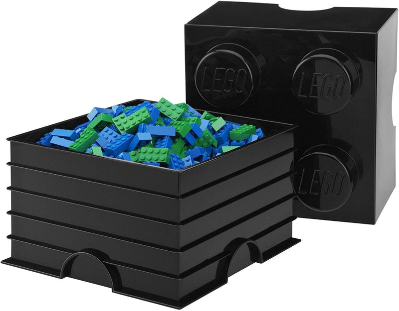 LEGO Storage Brick 4 Knobs Black - Stackable Plastic Storage Box with Lid for Kids and Adults Ideal Desk Organizer and Toy Box - 5.6L Capacity