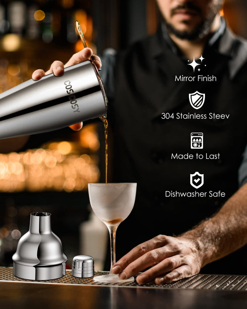 Cocktail Making Set, Cosicosy Cocktail Shaker Set 7 Pcs Professional Stainless Steel Cocktail Accessories Set with Recipes and Bar Accessories for Home Bars and Outdoor Events