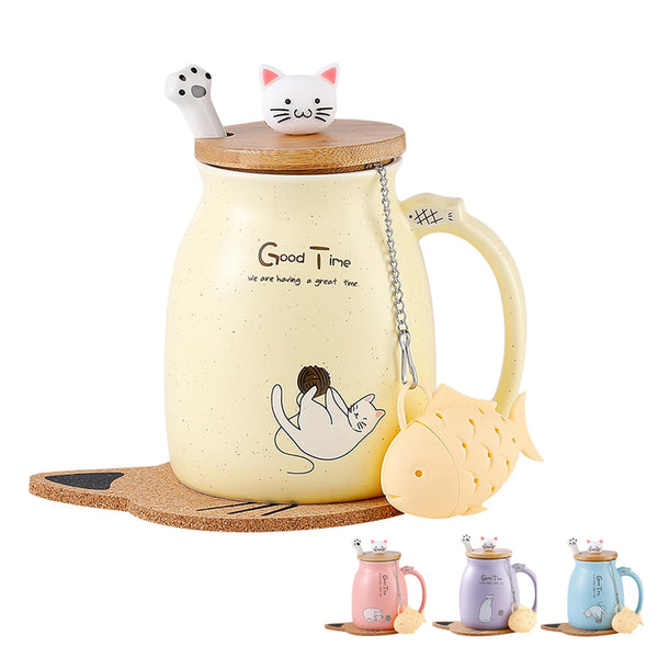 Cat Mug Cute Ceramic Coffee Cup with Lovely Kitty lid Stainless Steel Spoon,Novelty Morning Cup Tea Coffee Mug with Lid Yellow Coffee Gifts Christmas Birthday Gifts for Women Cat Lovers Presents