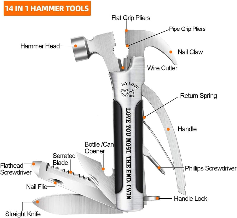 Gifts for Him, Gifts for Men Anniversary, Funny Christmas Presents for Boyfriend Husband, Multi Tool 14 in 1 Hammer for Men Who Have Everything, Cool Stocking Fillers Gadgets, Camping Accessories - Gift Guide