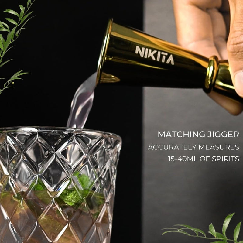 Gold Cocktail Shaker Set - Glass Cocktail Shaker Set - Matching Measuring Jigger and Bar Spoon with Muddler - Gold Drink Shaker with Strainer - 5 pcs - Luxury Gift Box (Gold)